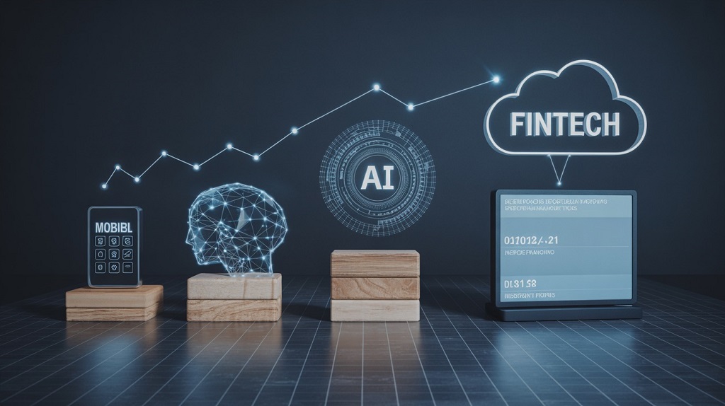 Illustration of modern financial software development with digital banking icons, blockchain symbols, and data analytics charts representing future fintech trends.