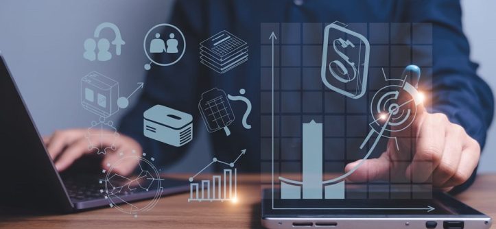 Conceptual graphic showing the evolution of fintech, including mobile payments, AI-driven analytics, and cloud-based financial software development tools.