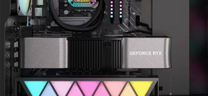 Close-up of Corsair GPU anti sag bracket propping a black RTX 4090 in a glass PC case, showing straight alignment and RGB lights below