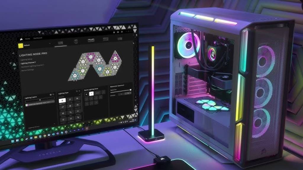 White Corsair support bracket mounted with LC100 lighting panel glowing blue under a Strix 4090 in a modular case system, highlighting clean cable management