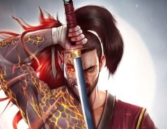 Takashi, the ninja warrior, in a dynamic combat pose with his katana drawn in a dark, atmospheric Japanese temple