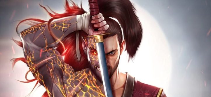Takashi, the ninja warrior, in a dynamic combat pose with his katana drawn in a dark, atmospheric Japanese temple