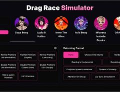 RPDR simulator interface showing random cast generator with drag queen characters