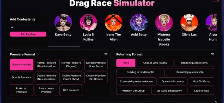 RPDR simulator interface showing random cast generator with drag queen characters