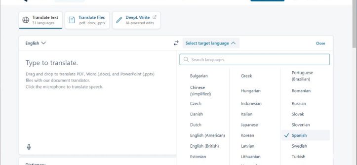 Screenshot of DeepL Translator interface showing English to Spanish document translation.