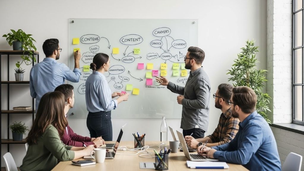 Creative team brainstorming innovative content marketing strategies with sticky notes on glass board in modern office