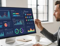 Digital marketer analyzing colorful content performance dashboard showing engagement metrics and social media analytics