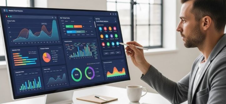 Digital marketer analyzing colorful content performance dashboard showing engagement metrics and social media analytics