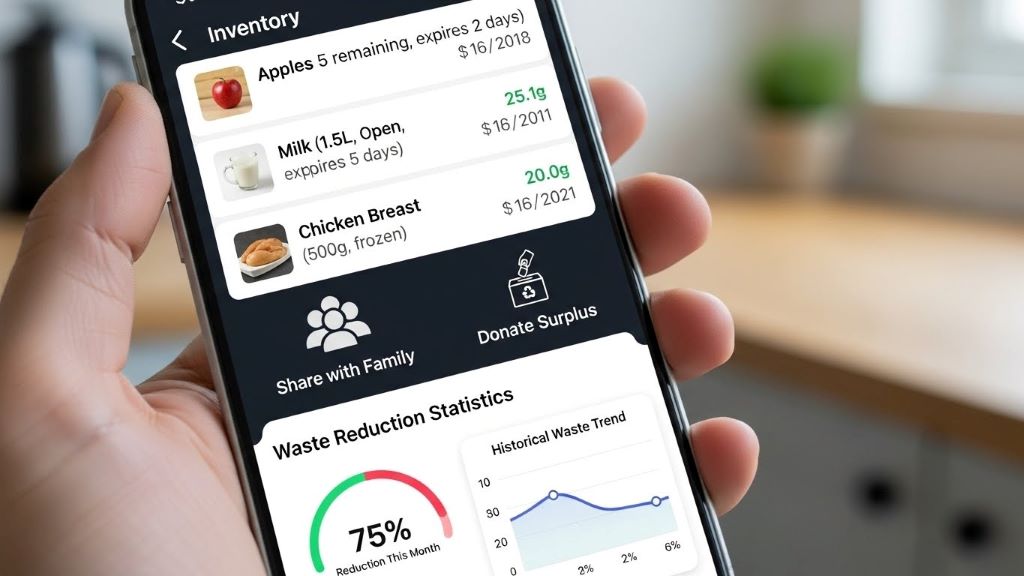 Digital inventory screen showing tracked items with sharing options and waste reduction statistics on mobile device