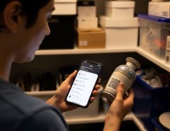 Person using smartphone to catalog household items in the Circ app while organizing storage closet