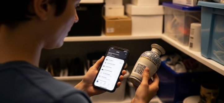 Person using smartphone to catalog household items in the Circ app while organizing storage closet