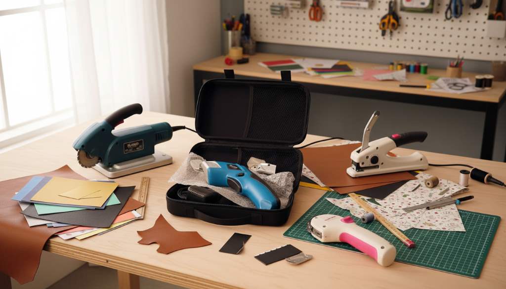 Variety of electric scissors types displayed with crafting materials like paper and leather