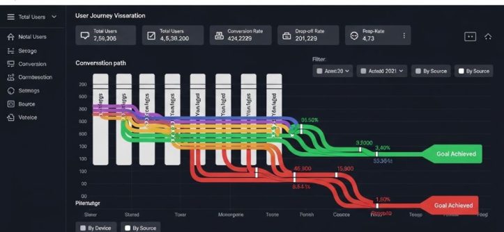 Dashboard screenshot showing Heaps analytics platform user journey visualization with multiple conversion paths and drop-off points