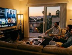 Living room setup in Los Angeles with large TV streaming movies at night