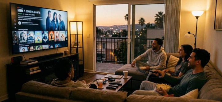 Living room setup in Los Angeles with large TV streaming movies at night