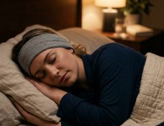 A person sleeping peacefully while wearing slim fabric sleep headphones.
