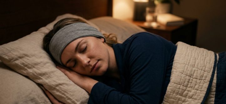 A person sleeping peacefully while wearing slim fabric sleep headphones.