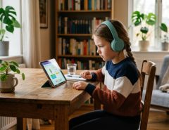 A smiling young boy wearing blue cushioned over-ear headphones in a bright room.