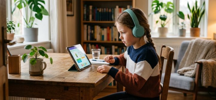 A smiling young boy wearing blue cushioned over-ear headphones in a bright room.