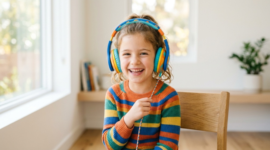A young girl using a tablet while wearing comfortable over-ear headphones at a desk.