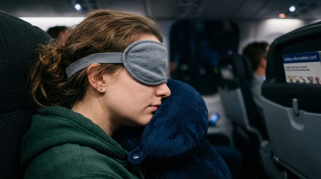 A traveler rests against a neck pillow showing a low profile ear pad design.