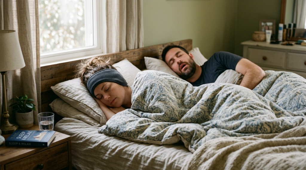 A woman wearing a fleece headphone headband resting next to her partner.