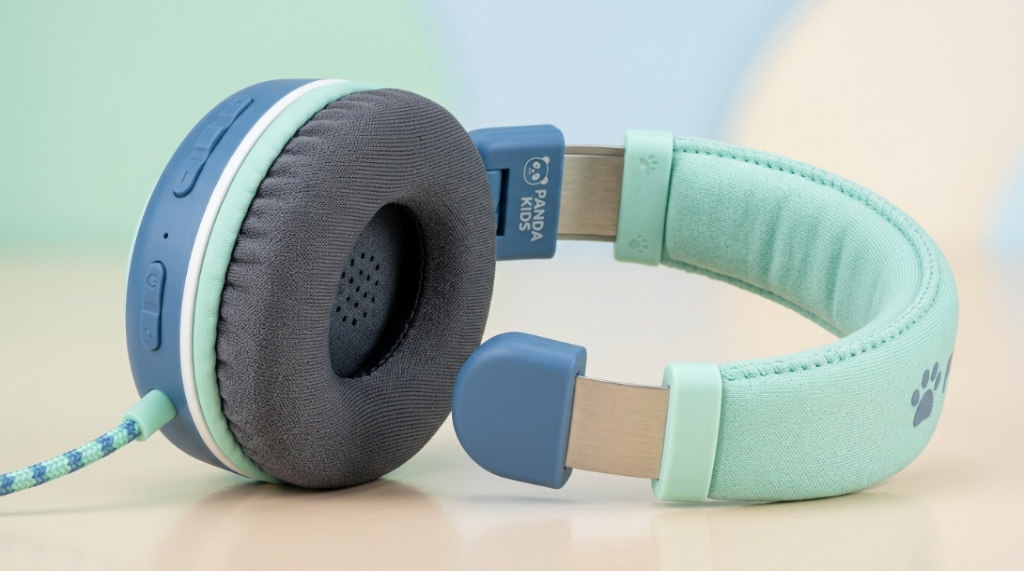 Close up of soft memory foam padded earcups on colorful children headphones.