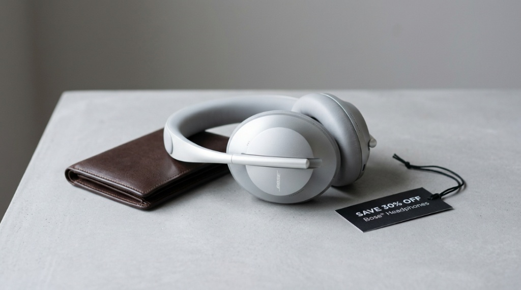 Person unboxing a pair of sleek black headphones at a wooden desk.