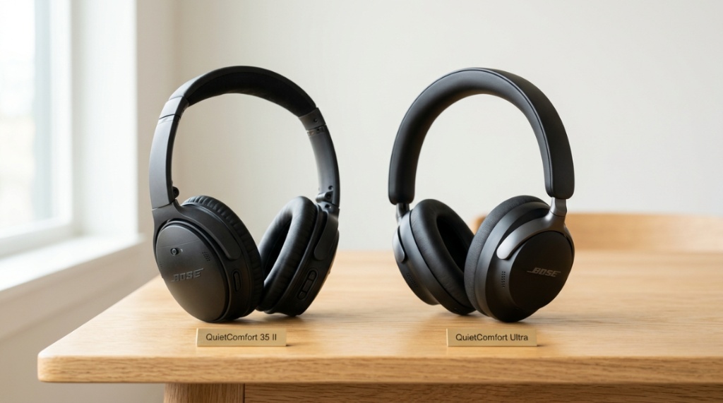 Traveler wearing over-ear wireless headphones while relaxing near a window.