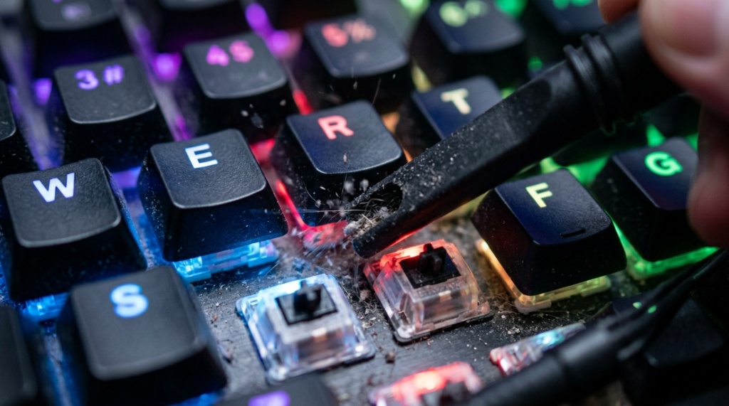 Close-up of a mini vacuum nozzle cleaning between keyboard keys.